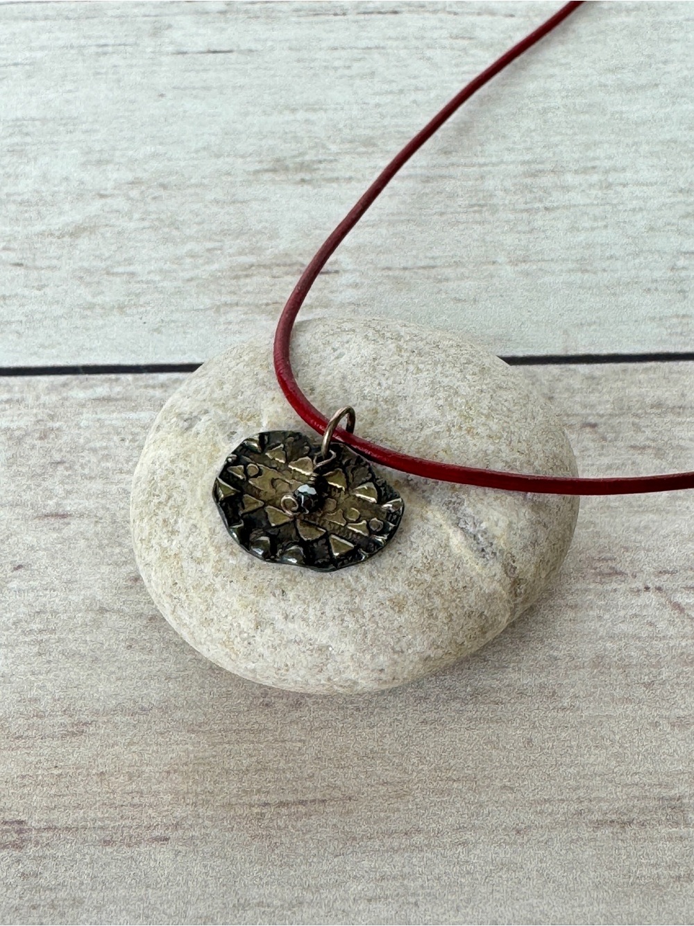 Red Leather Necklace with Precious Metal Clay Pendant